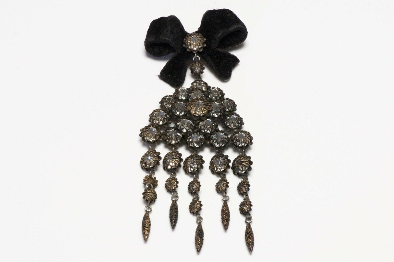 Christian Dior Francis Winter 1950’s Black Velvet Bow Crystal Brooch - DSF Antique Jewelry