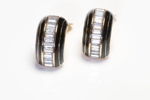 Christian Dior Gold Plated Black Enamel Crystal Hoop Earrings