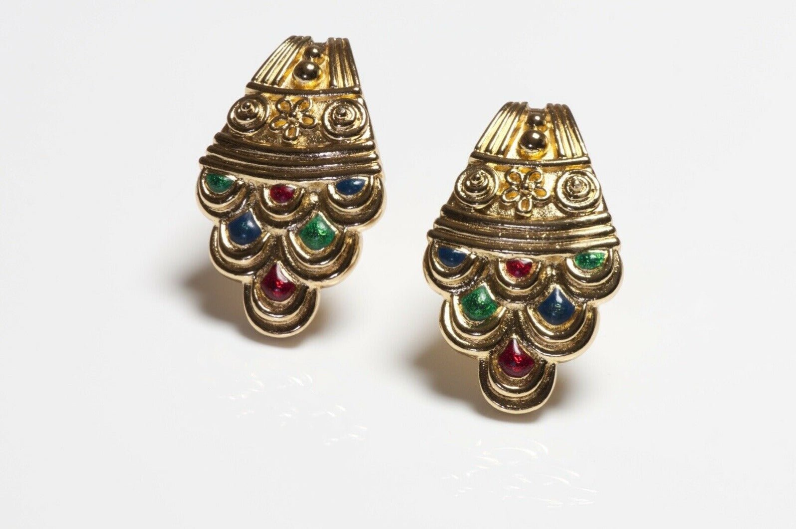 Christian Dior Gold Plated Green Red Blue Enamel Earrings - DSF Antique Jewelry