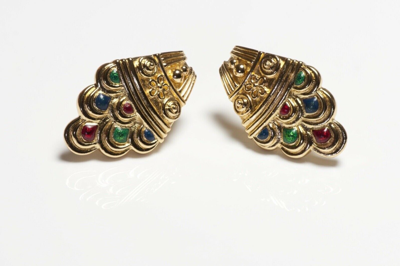 Christian Dior Gold Plated Green Red Blue Enamel Earrings - DSF Antique Jewelry