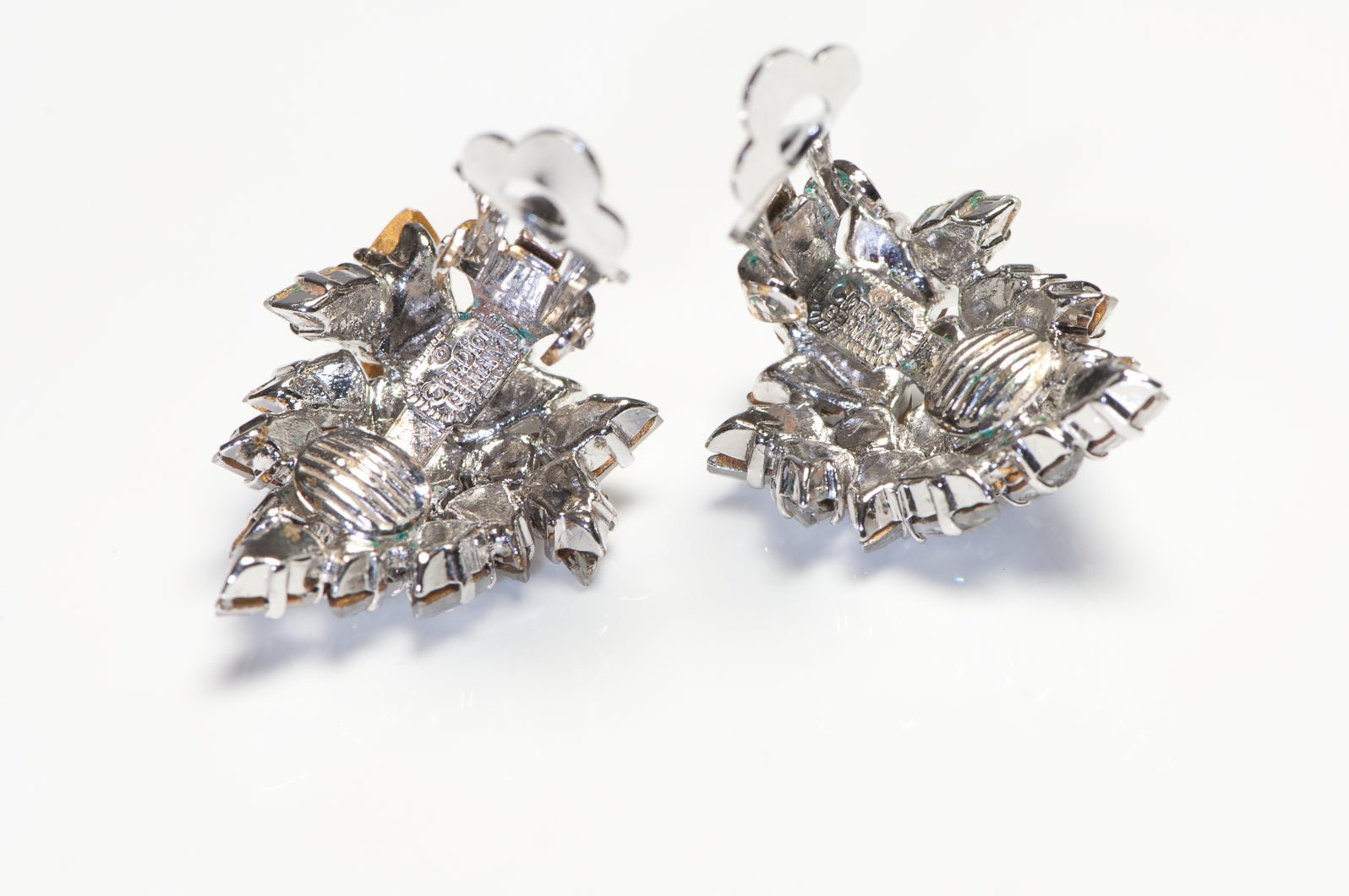 Christian Dior Henkel and Grosse 1970’s Rhodium Plated Crystal Leaf Earrings