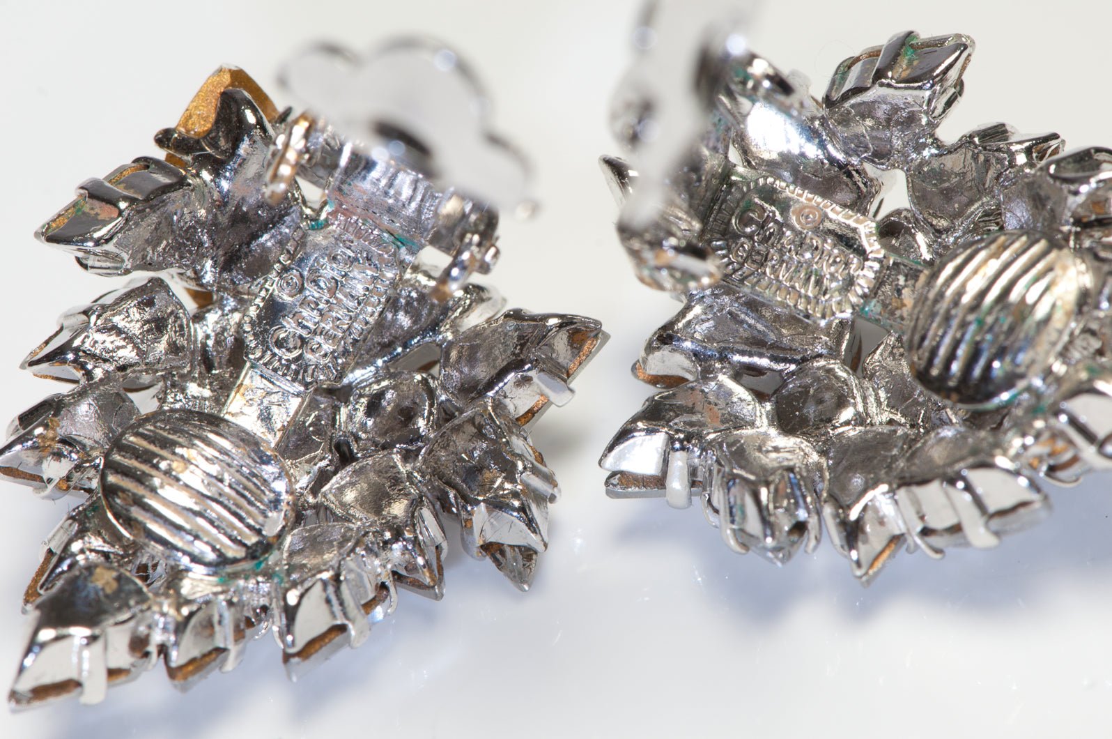 Christian Dior Henkel and Grosse 1970’s Rhodium Plated Crystal Leaf Earrings