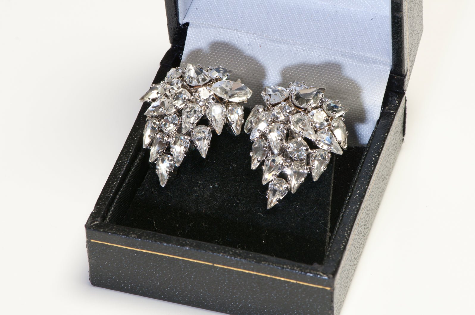 Christian Dior Henkel and Grosse 1970’s Rhodium Plated Crystal Leaf Earrings