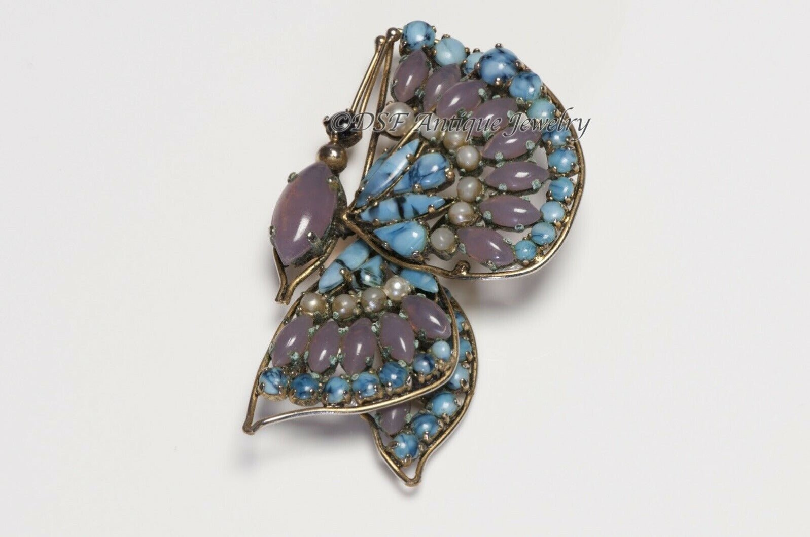 Christian Dior Henkel & Grosse 1964 Blue Pink Glass Faux Pearl Butterfly Brooch - DSF Antique Jewelry