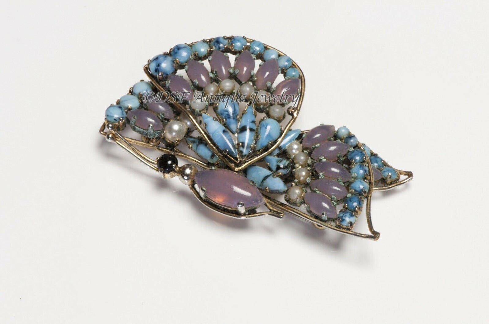 Christian Dior Henkel & Grosse 1964 Blue Pink Glass Faux Pearl Butterfly Brooch - DSF Antique Jewelry