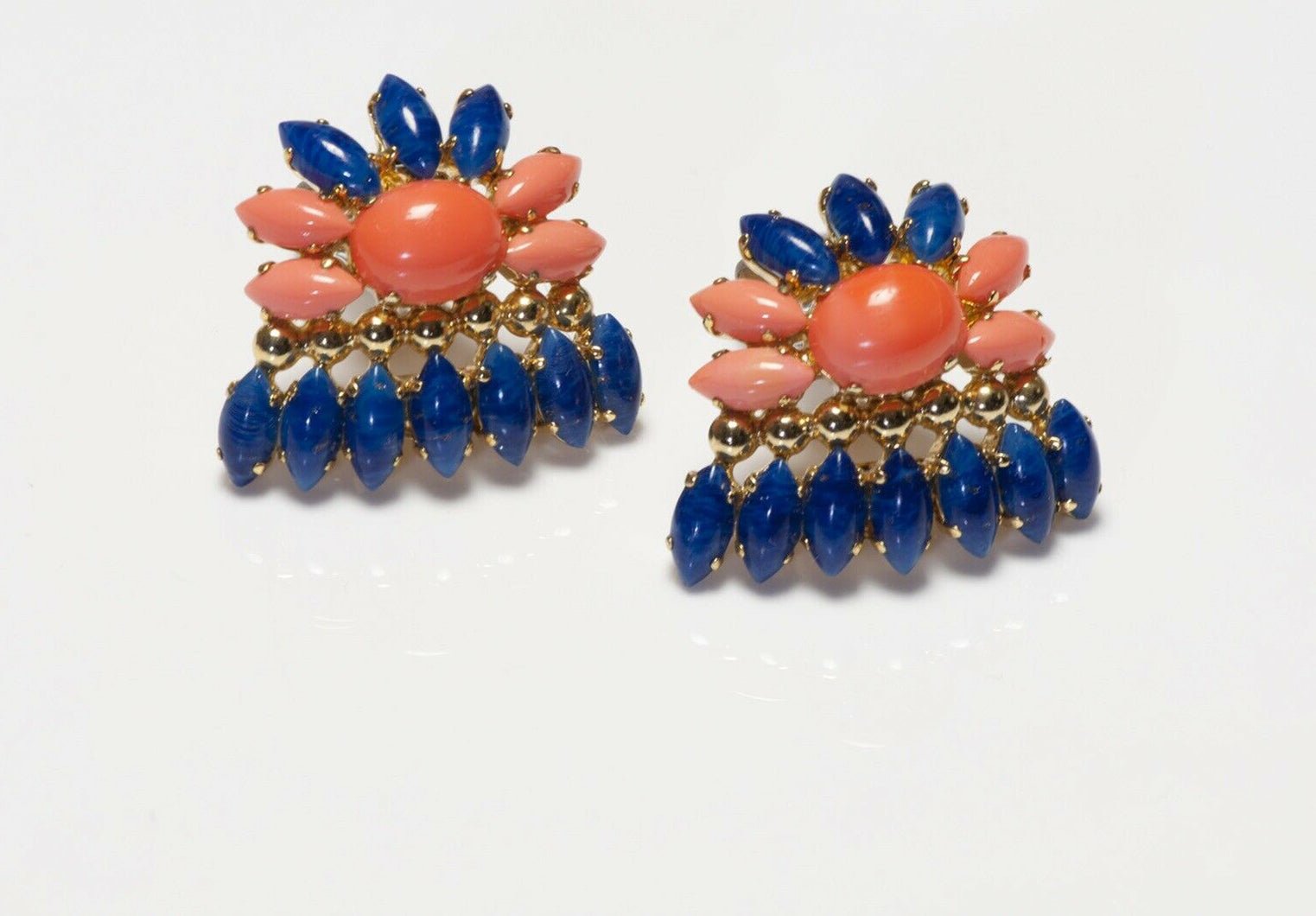 Christian Dior Henkel & Grosse 1969 Blue Orange Glass Flower Earrings - DSF Antique Jewelry