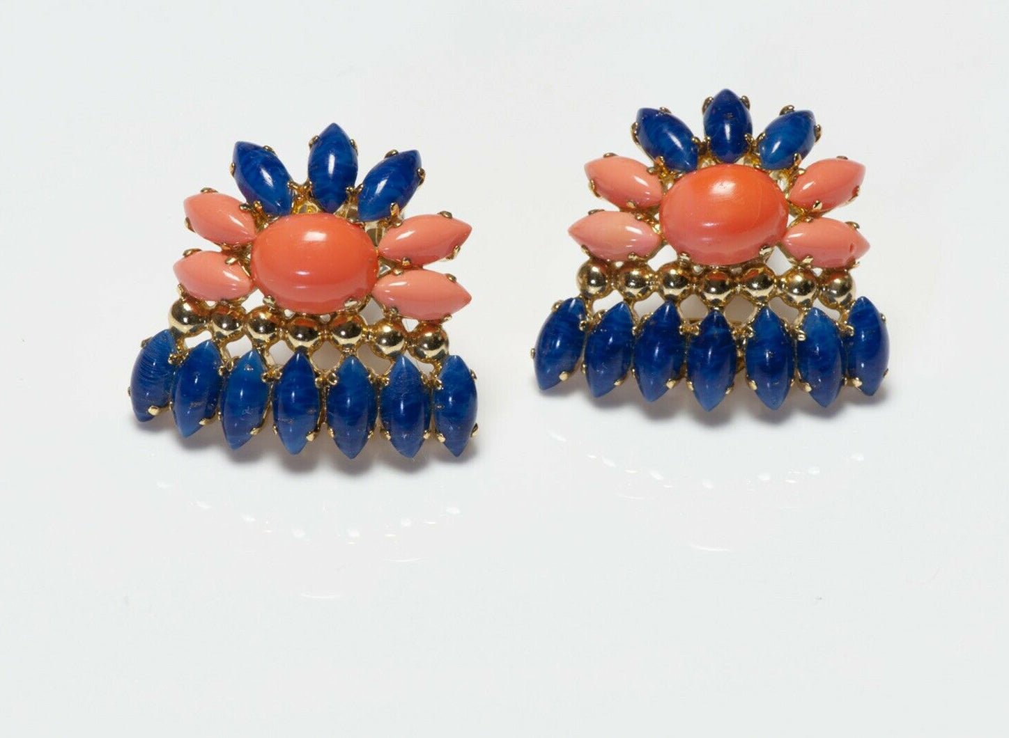 Christian Dior Henkel & Grosse 1969 Blue Orange Glass Flower Earrings
