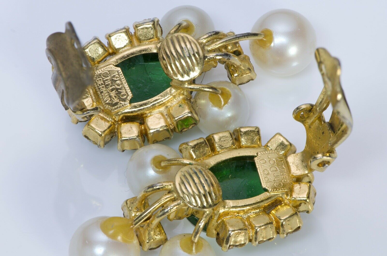 Christian Dior Henkel & Grosse 1970 Green Cabochon Glass Pearl Earrings