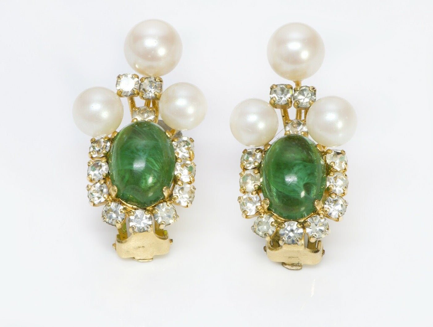 Christian Dior Henkel & Grosse 1970 Green Cabochon Glass Pearl Earrings