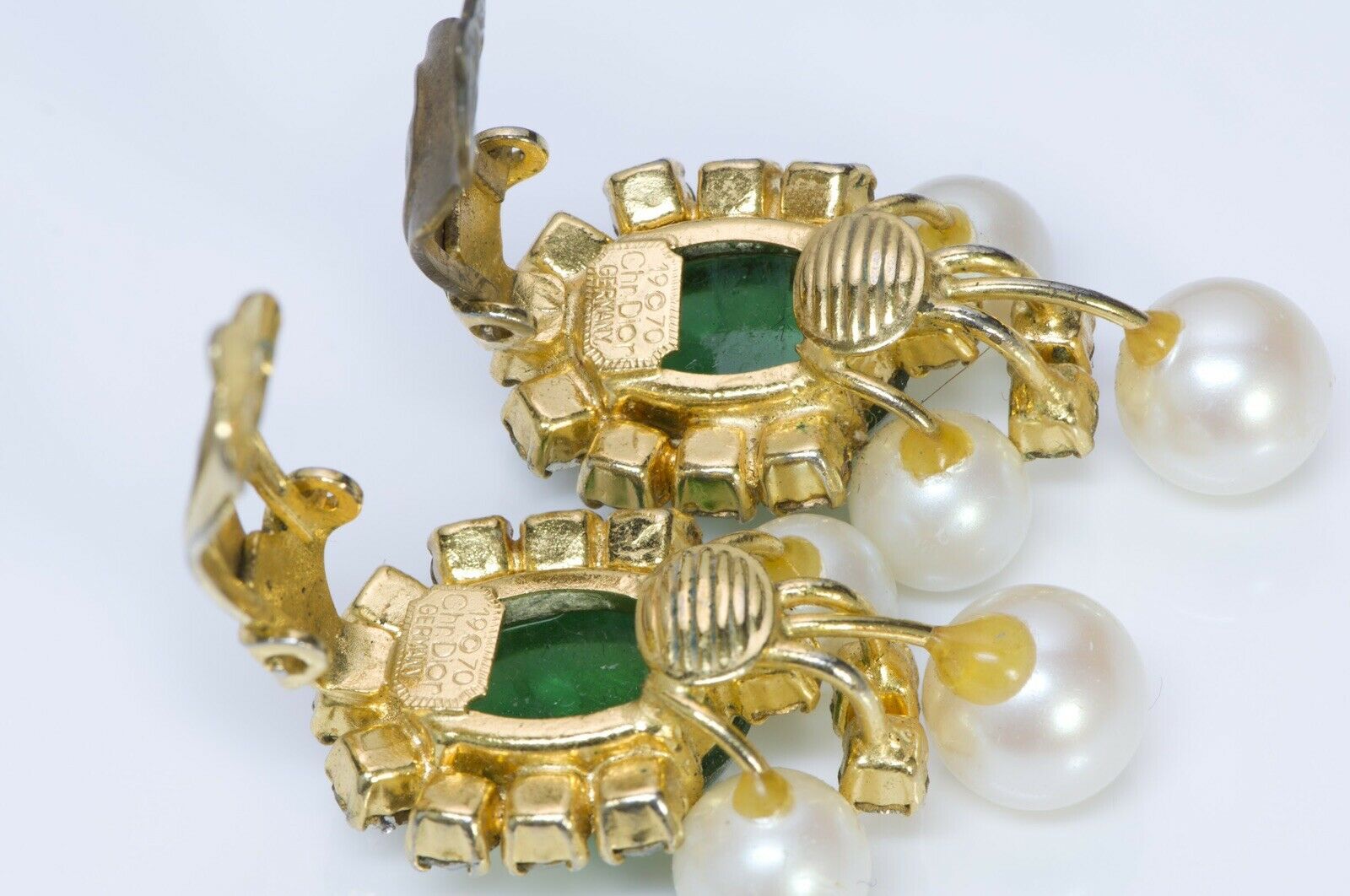 Christian Dior Henkel & Grosse 1970 Green Cabochon Glass Pearl Earrings