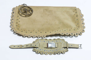 Christian DIOR John Galliano Brown Suede D78-109 Watch with Clutch Bag