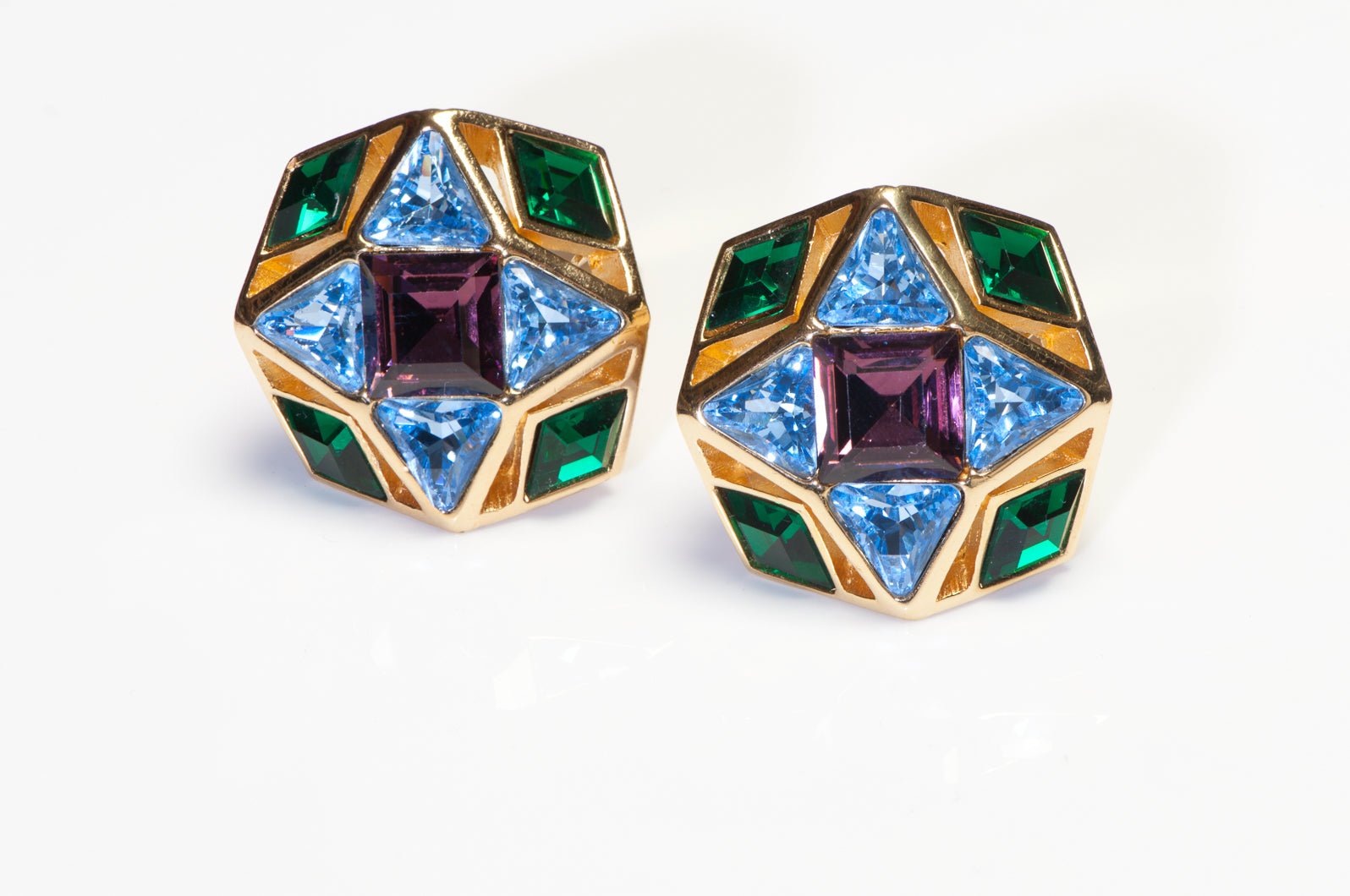 Christian Dior Large Blue Green Purple Crystal Geometric Earrings