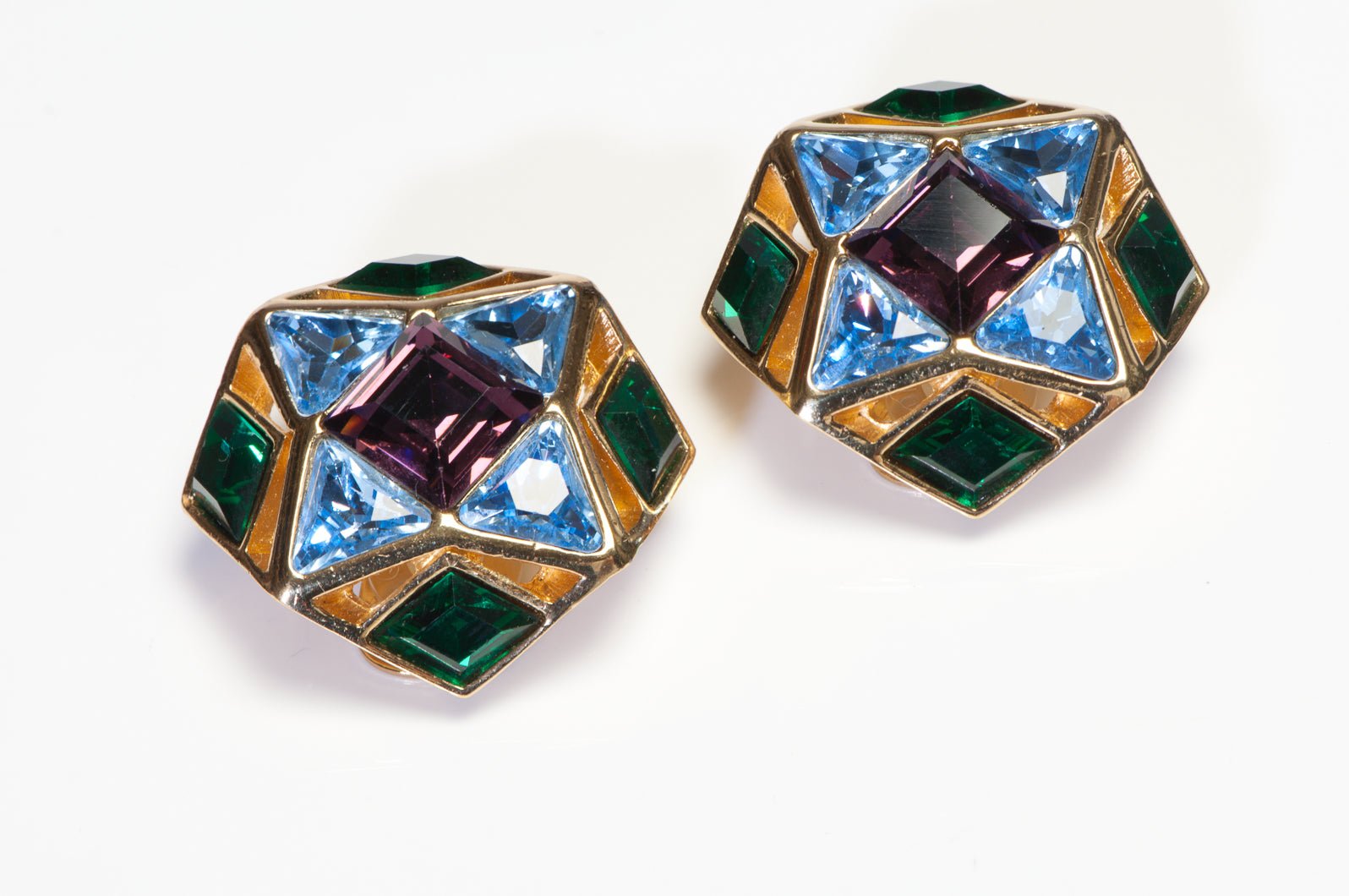 Christian Dior Large Blue Green Purple Crystal Geometric Earrings - DSF Antique Jewelry