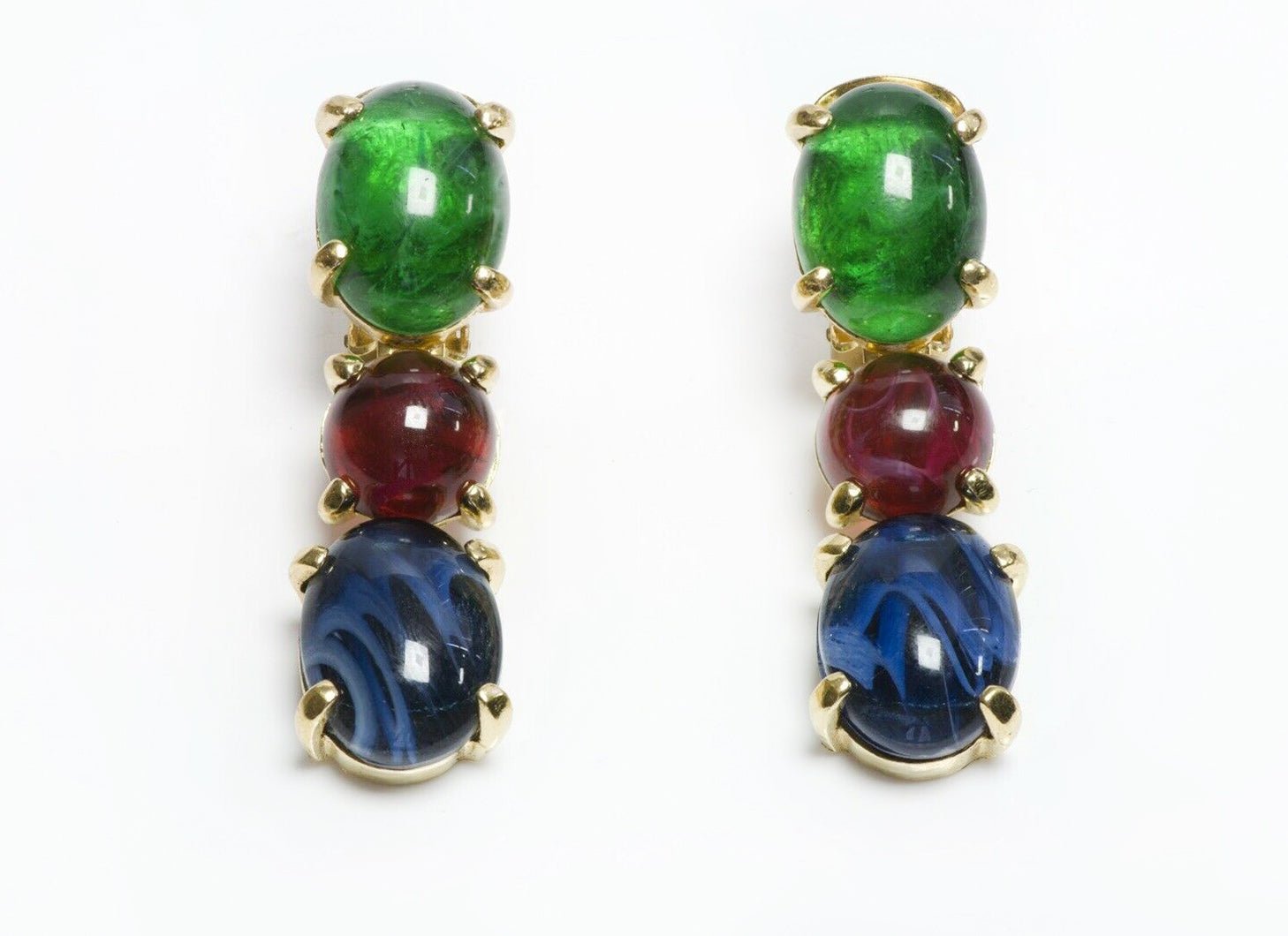 Christian DIOR Long Green Red Blue Cabochon Glass Earrings