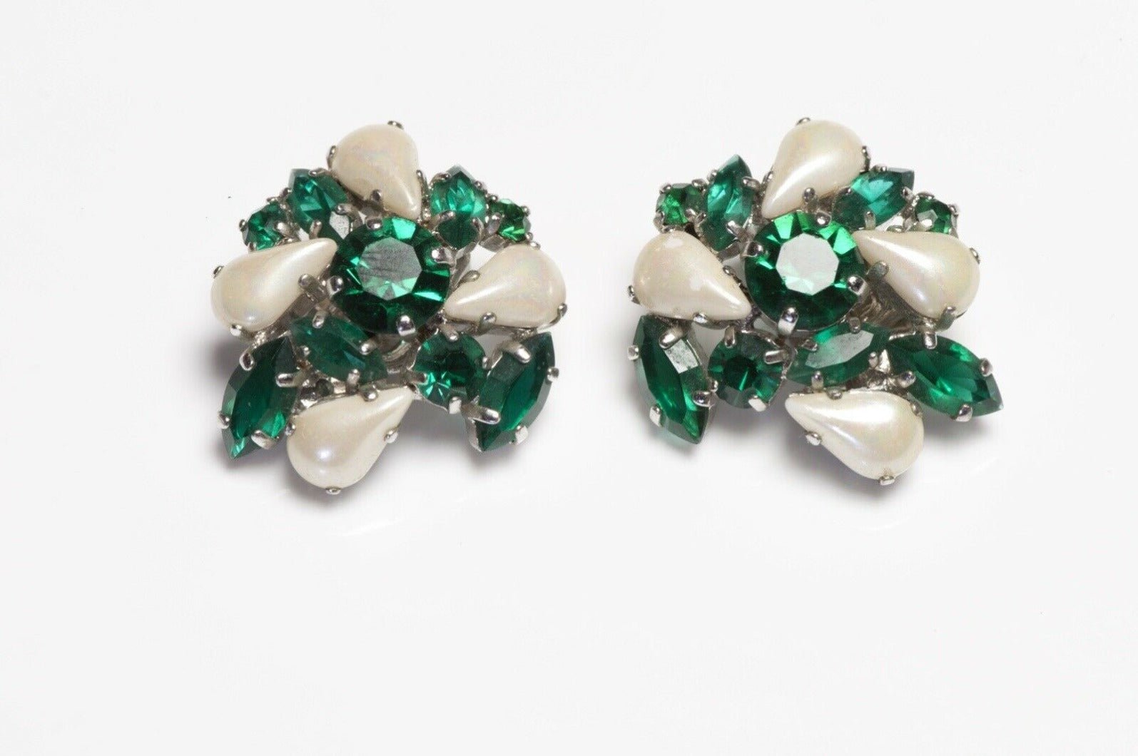 Christian Dior Paris 1959 Green Crystal Faux Pearl Earrings