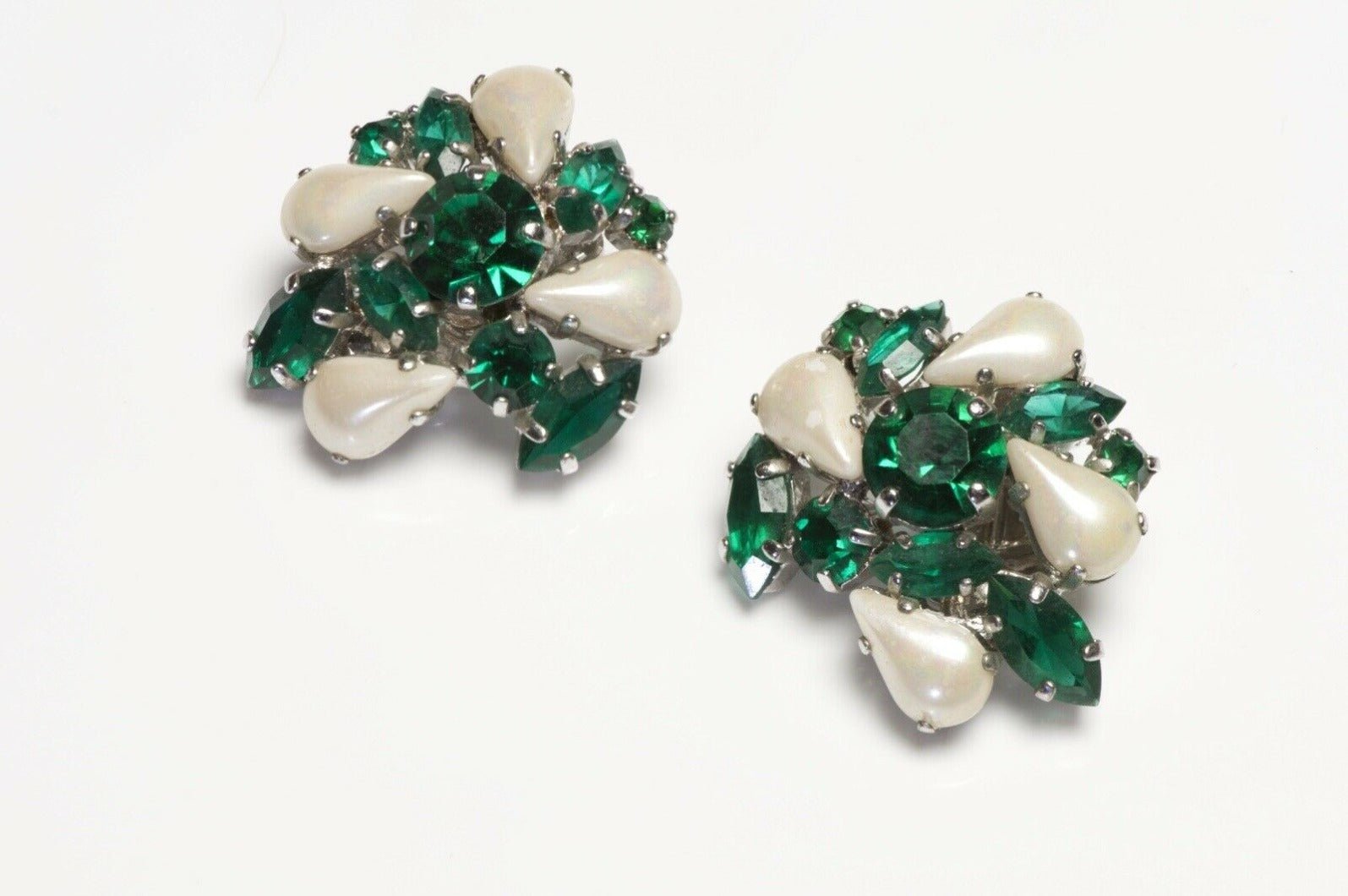 Christian Dior Paris 1959 Green Crystal Faux Pearl Earrings