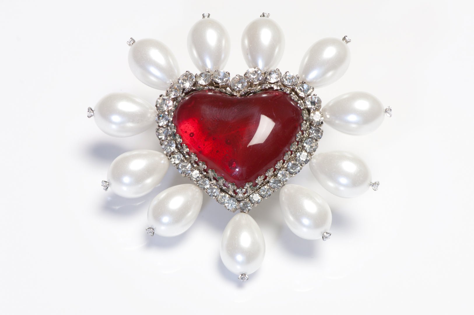 Christian Dior Paris Couture 1950’s Maison Gripoix Red Glass Pearl Heart Brooch