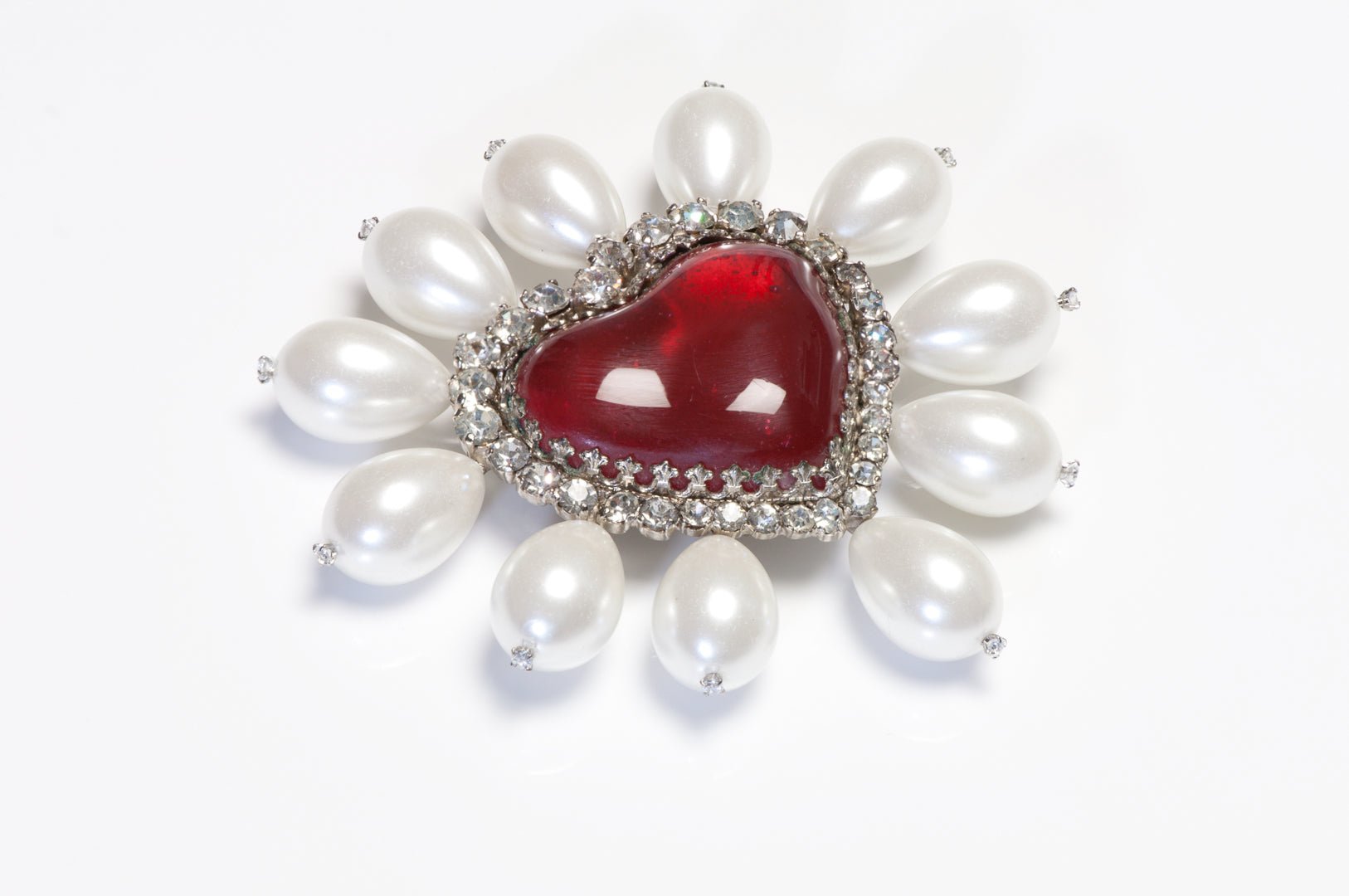 Christian Dior Paris Couture 1950’s Maison Gripoix Red Glass Pearl Heart Brooch - DSF Antique Jewelry
