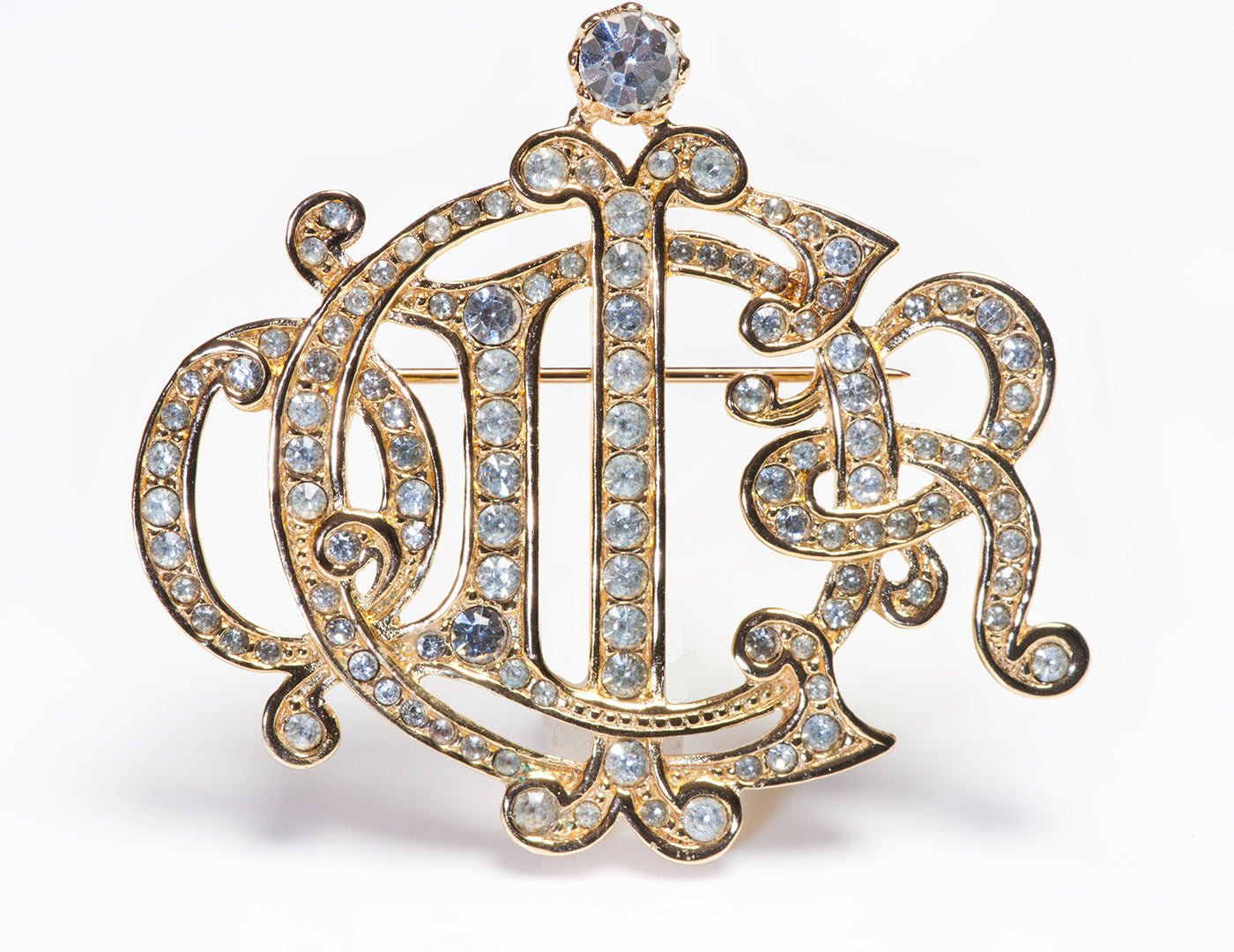 Christian Dior Paris Gianfranco Ferre Gold Plated Crystal Logo Brooch