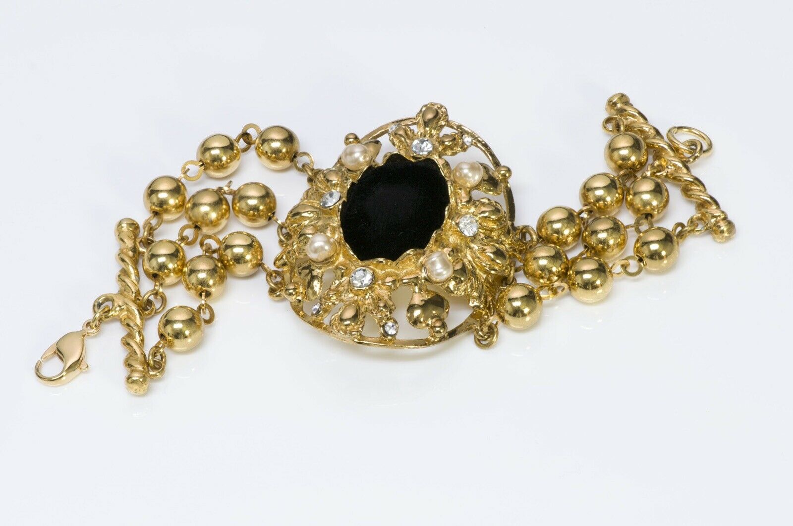 Christian Lacroix Couture Crystal Pearl Black Velvet Chain Bracelet - DSF Antique Jewelry