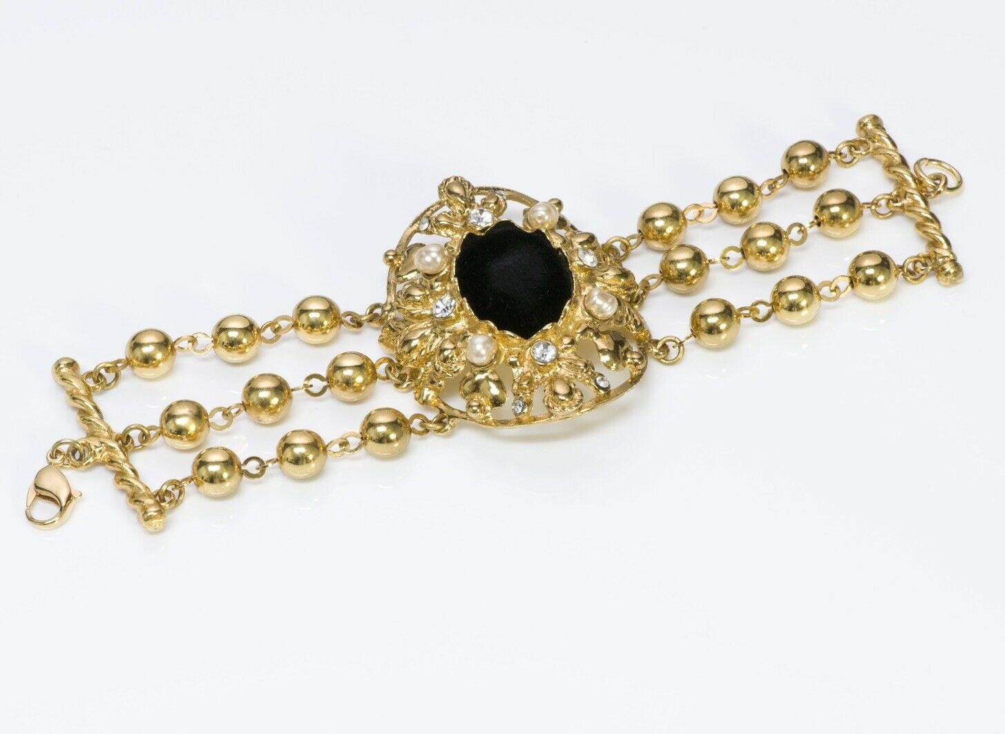 Christian Lacroix Couture Crystal Pearl Black Velvet Chain Bracelet