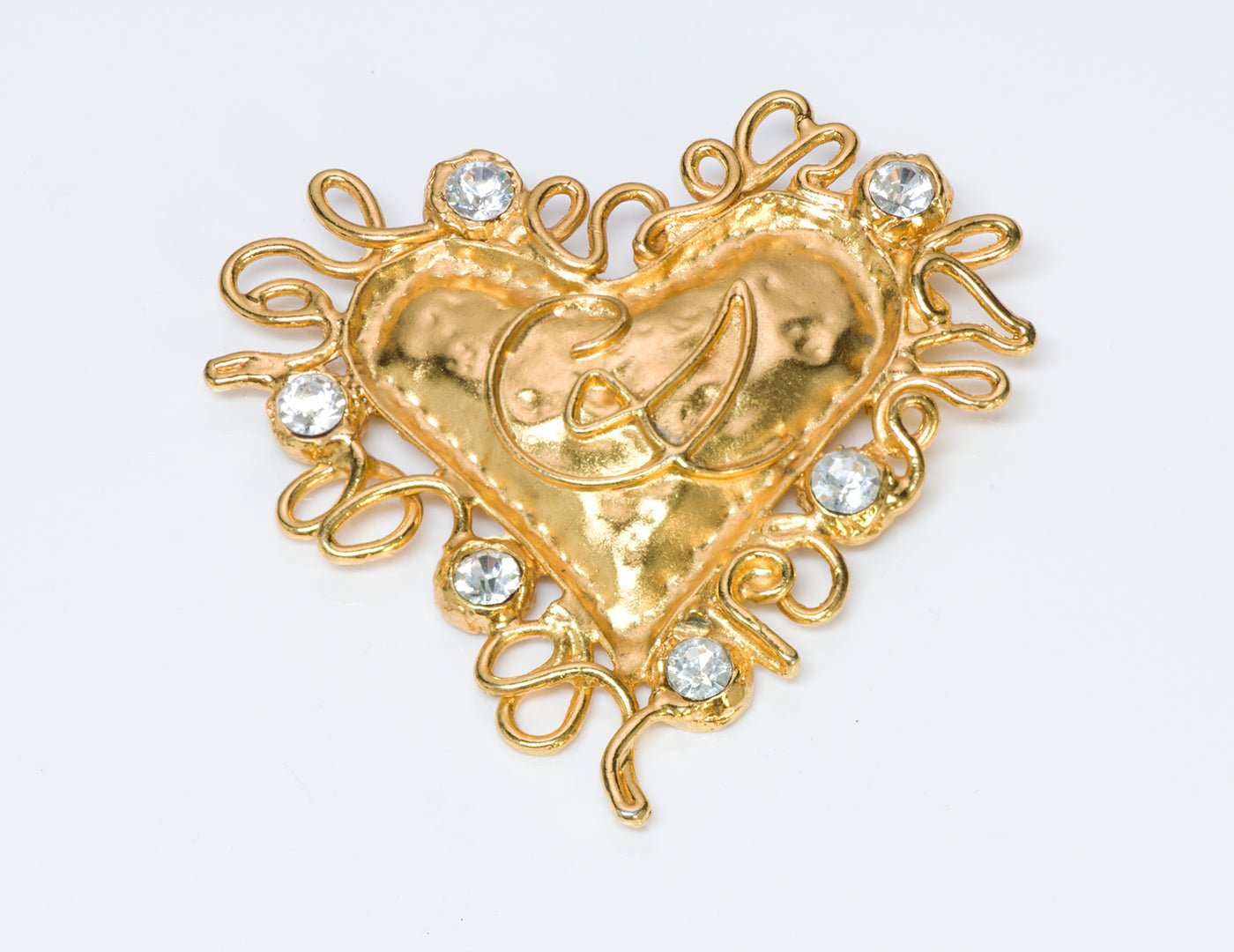 Christian Lacroix Couture Gold Tone Crystal Heart Brooch - DSF Antique Jewelry