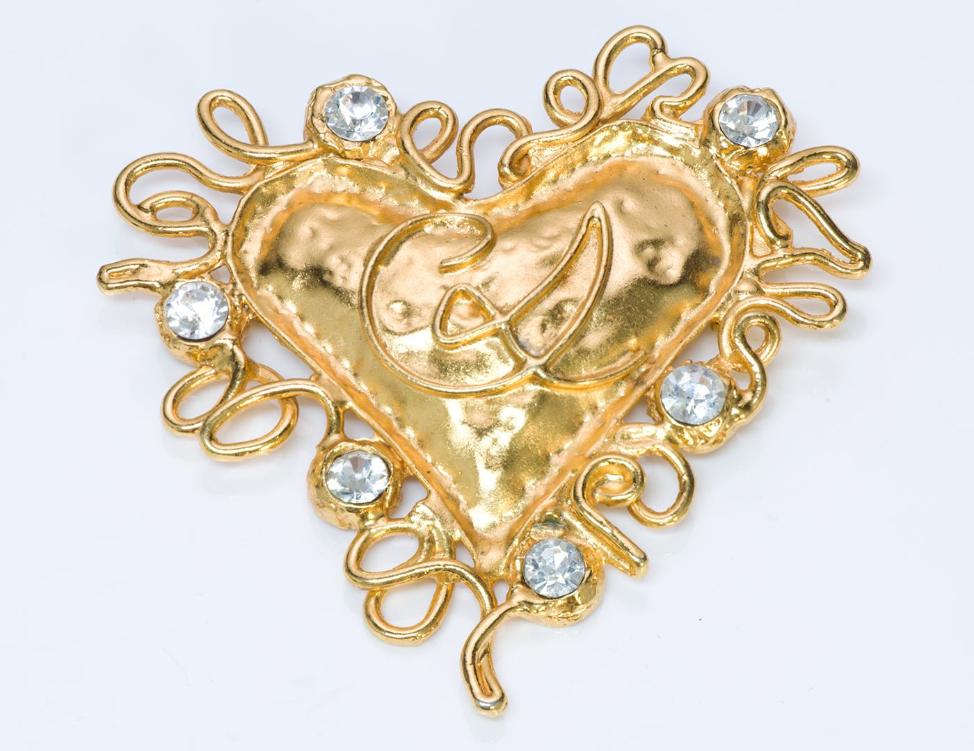 Christian Lacroix Couture Gold Tone Crystal Heart Brooch - DSF Antique Jewelry