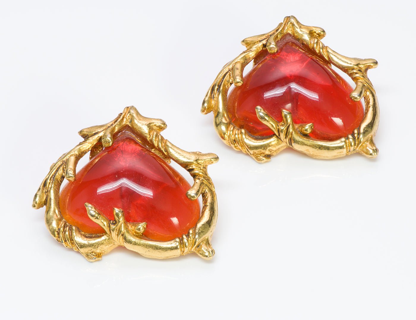 Christian Lacroix Couture Orange Heart Glass Earrings - DSF Antique Jewelry