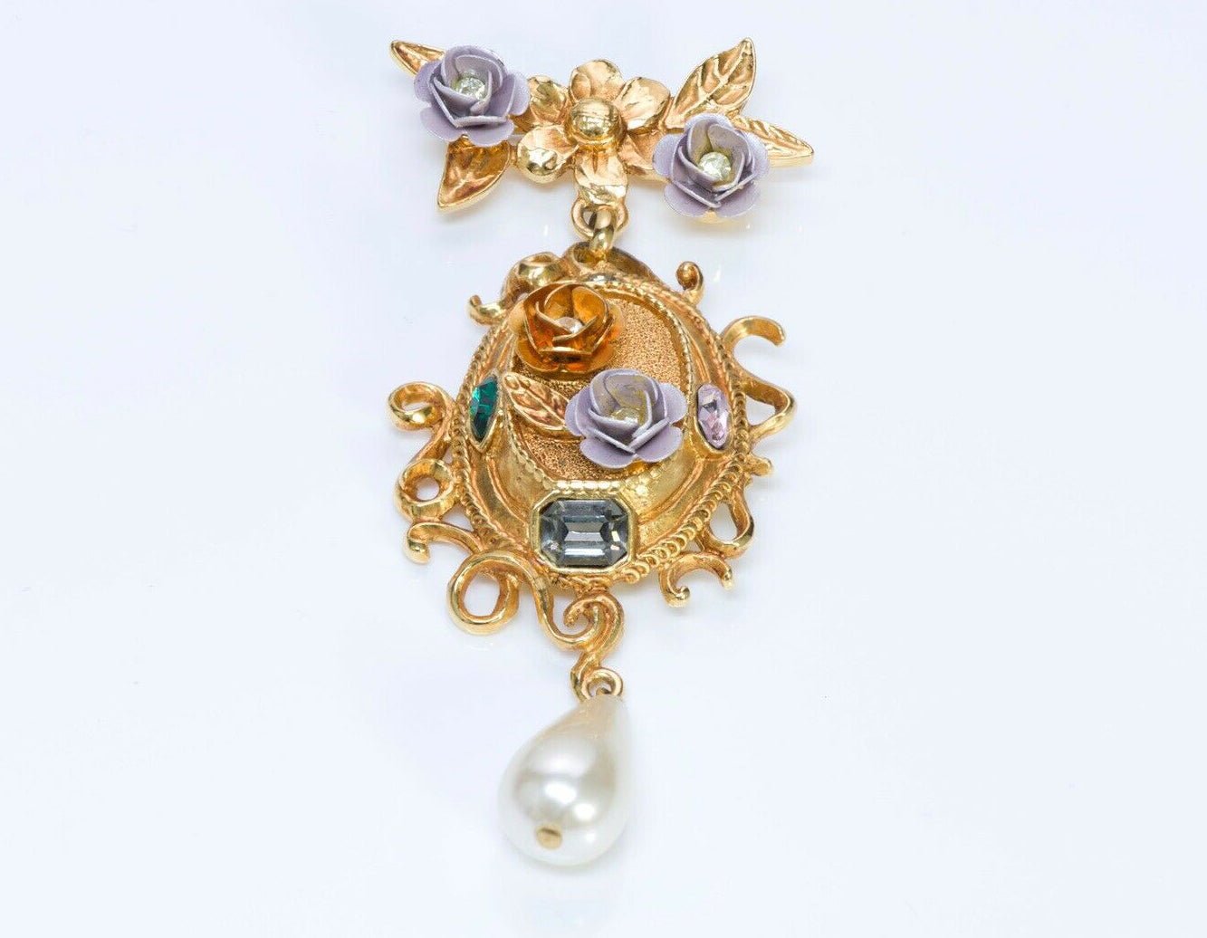 Christian Lacroix Crystal Enamel Flower Pearl Drop Brooch