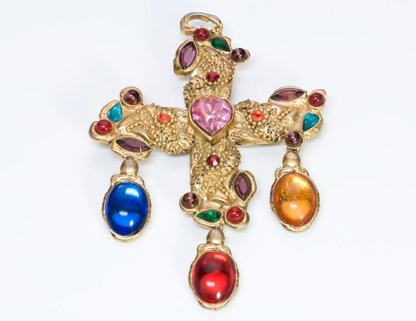 Christian Lacroix Paris Couture Heart Crystal Cross Pendant Brooch