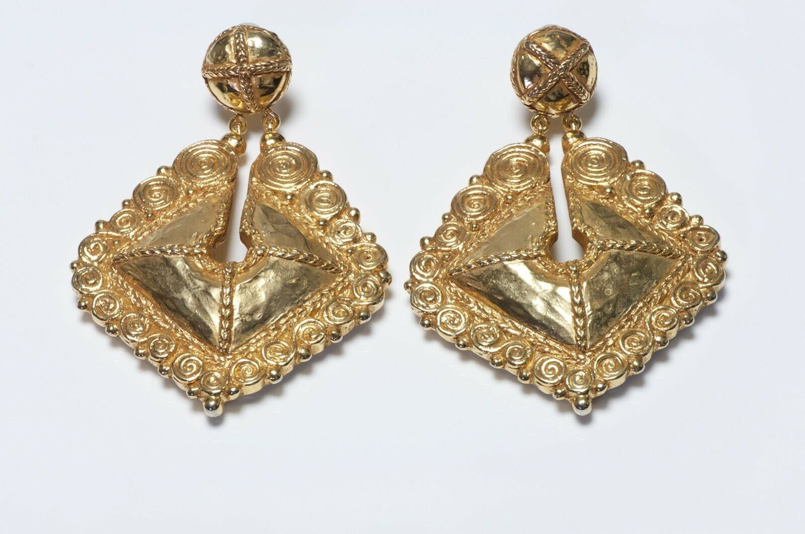 Christian Lacroix Paris Couture Long Drop Shield Earrings - DSF Antique Jewelry