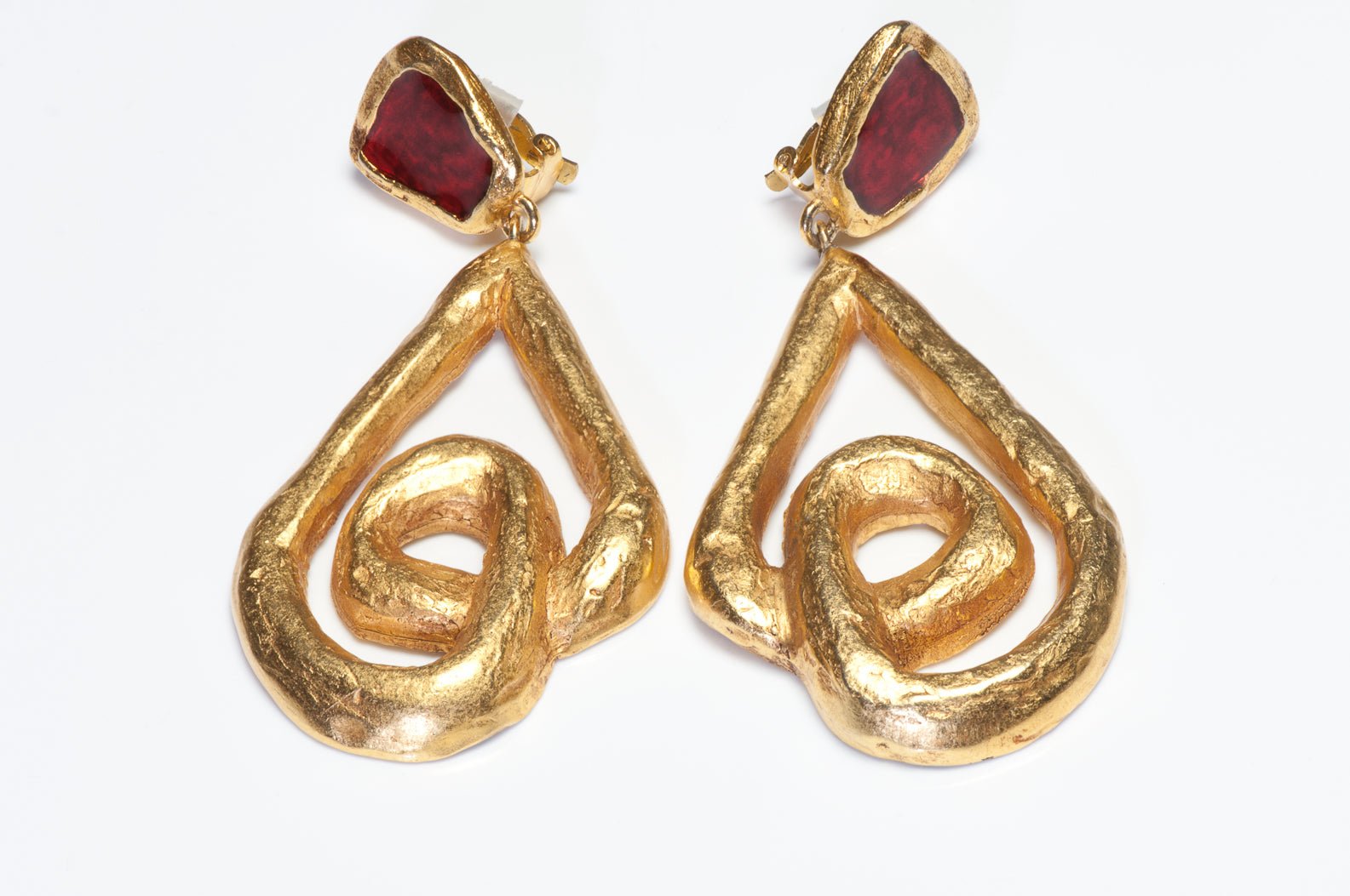 Christian Lacroix Paris Couture Long Gold Plated Red Enamel Drop Earrings - DSF Antique Jewelry