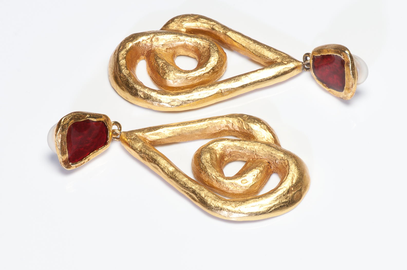 Christian Lacroix Paris Couture Long Gold Plated Red Enamel Drop Earrings - DSF Antique Jewelry