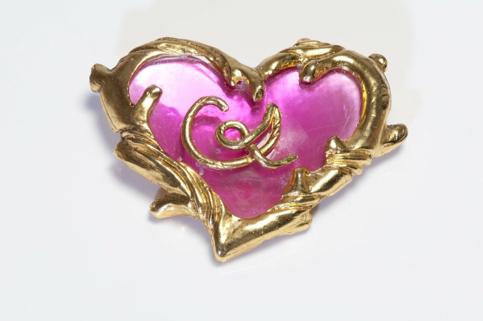Christian Lacroix Paris Gold Plated Pink Resin Logo Heart Brooch