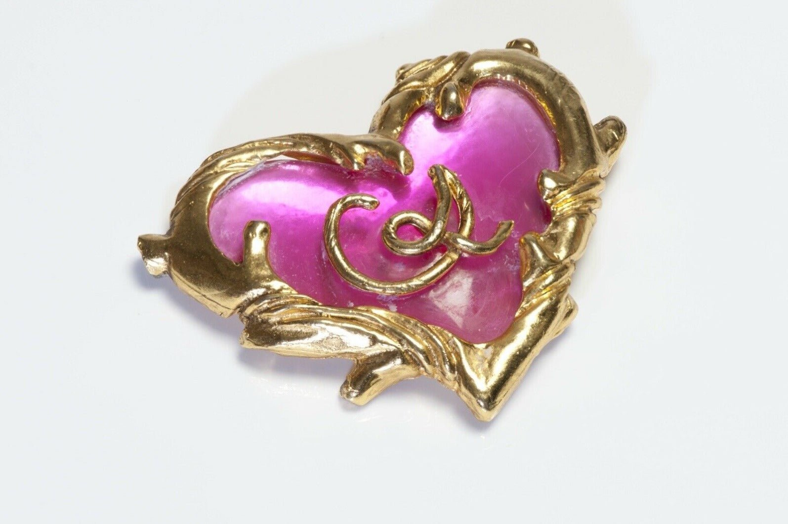 Christian Lacroix Paris Gold Plated Pink Resin Logo Heart Brooch - DSF Antique Jewelry