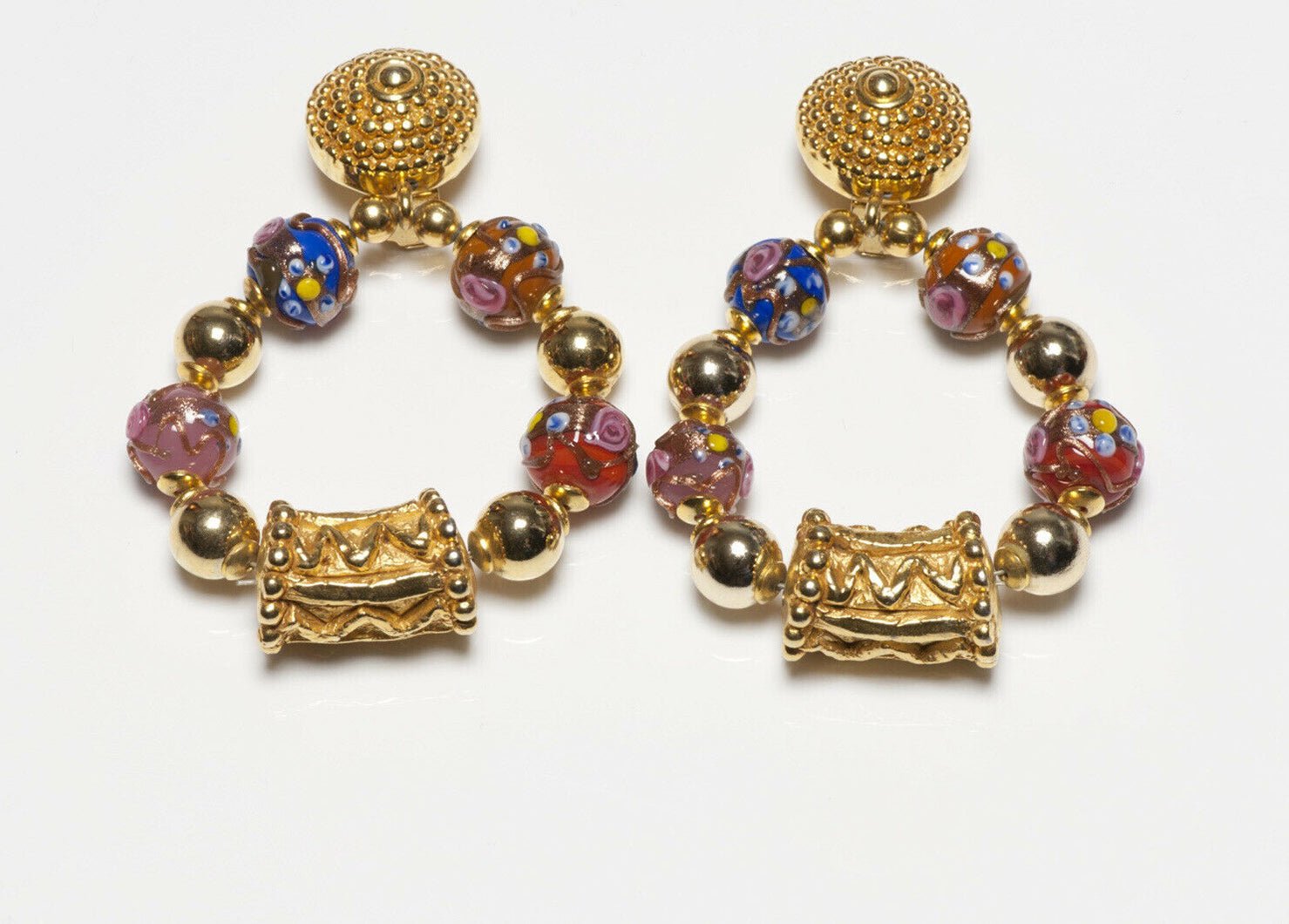 Christian Lacroix Paris Millefiori Glass Beads Hoop Earrings - DSF Antique Jewelry