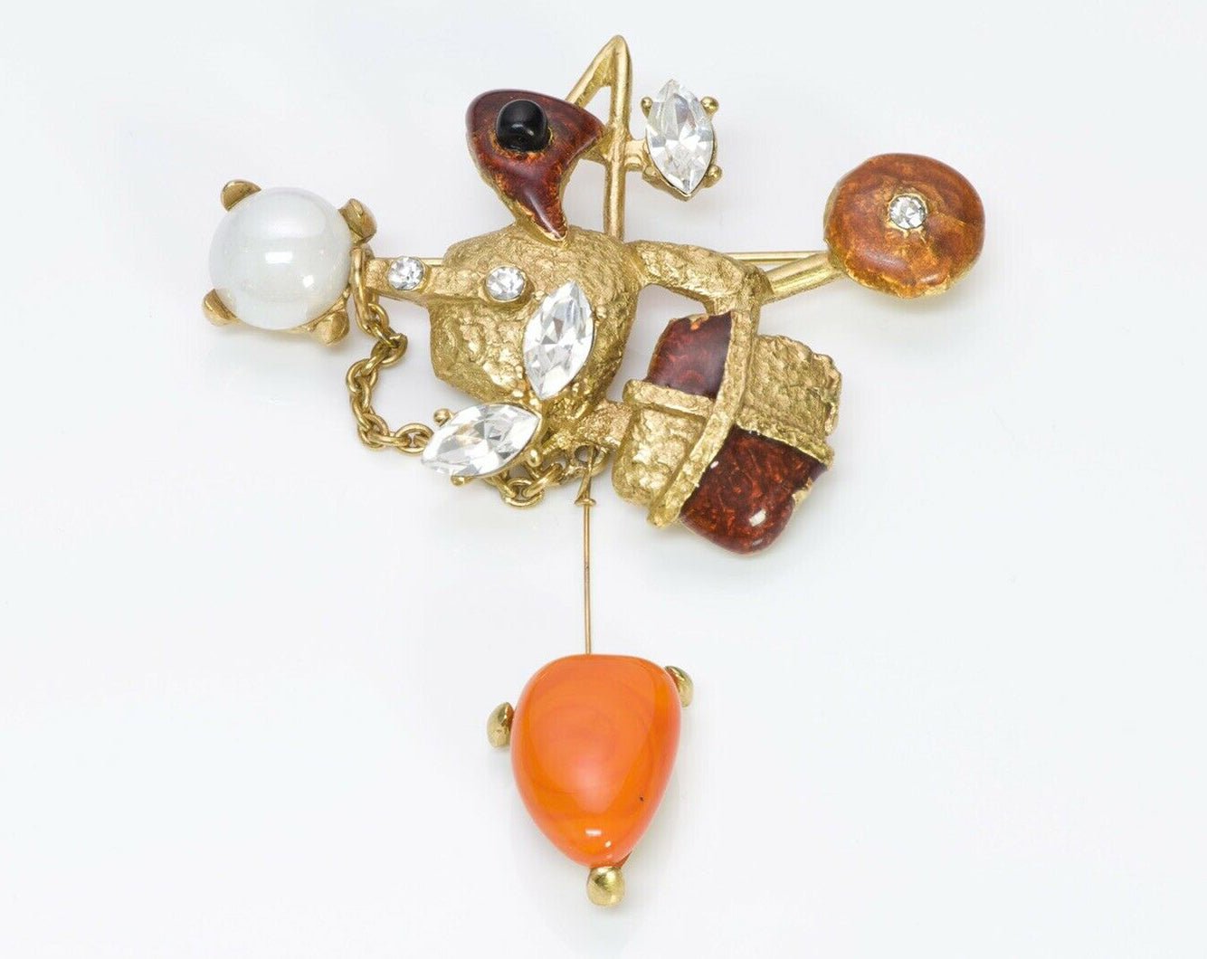 Christian Lacroix Paris Orange Glass Enamel Crystal Brooch - DSF Antique Jewelry