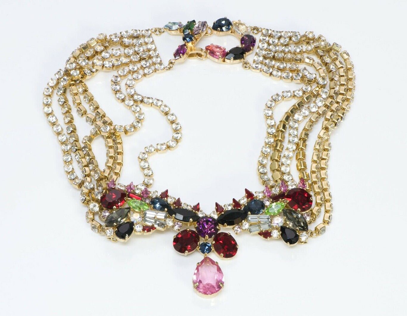 Christian Lacroix Paris Red Pink Crystal Chain Collar Necklace