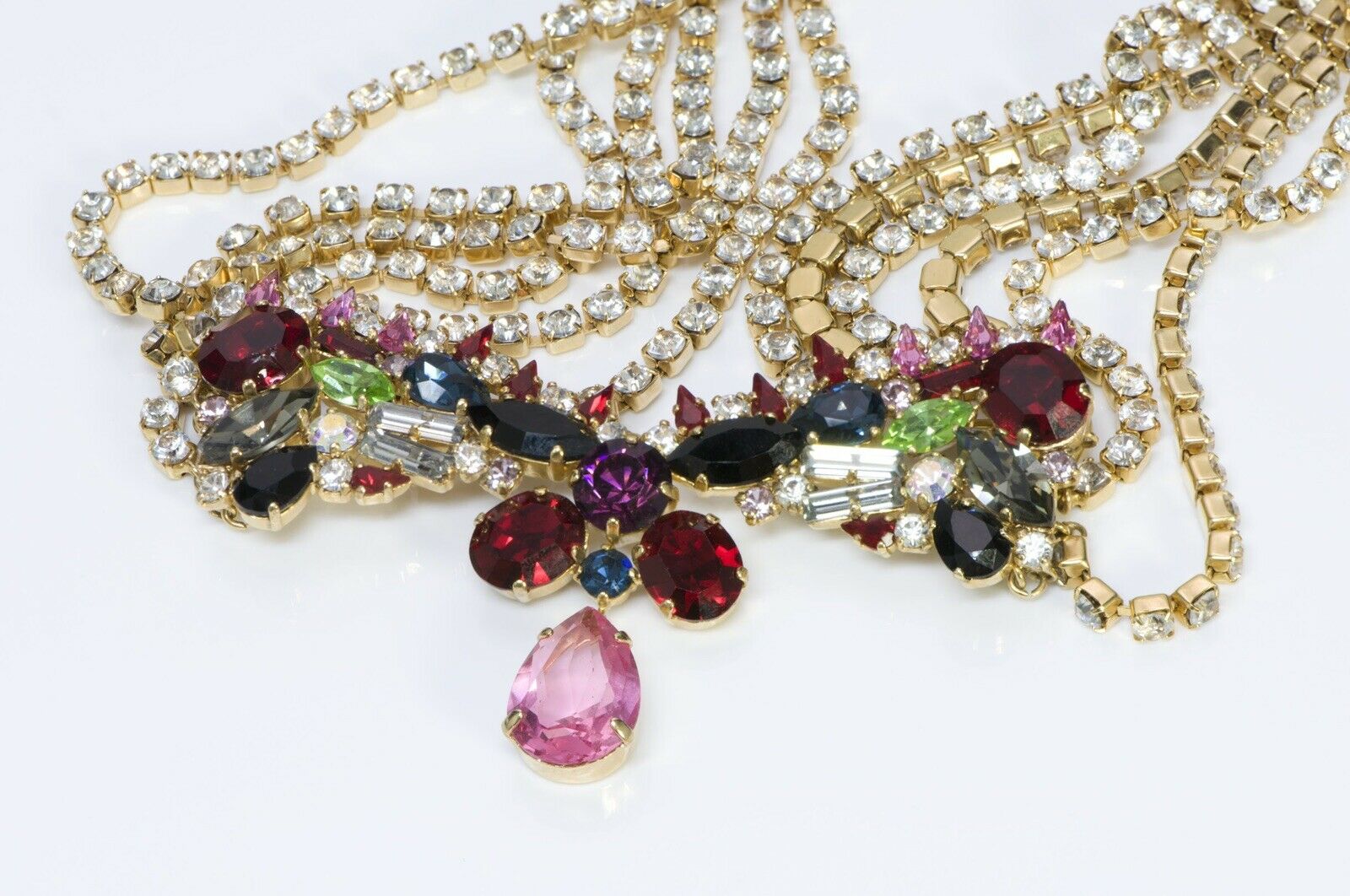 Christian Lacroix Paris Red Pink Crystal Chain Collar Necklace - DSF Antique Jewelry
