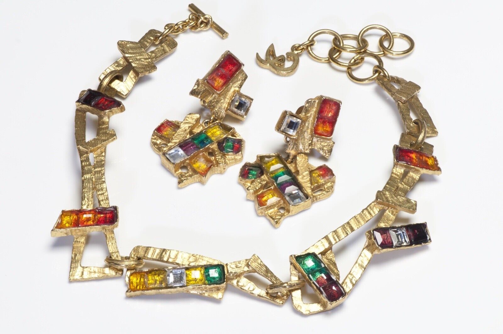 Christian Lacroix Red Green Yellow Crystal Abstract Heart Earrings Necklace Set - DSF Antique Jewelry