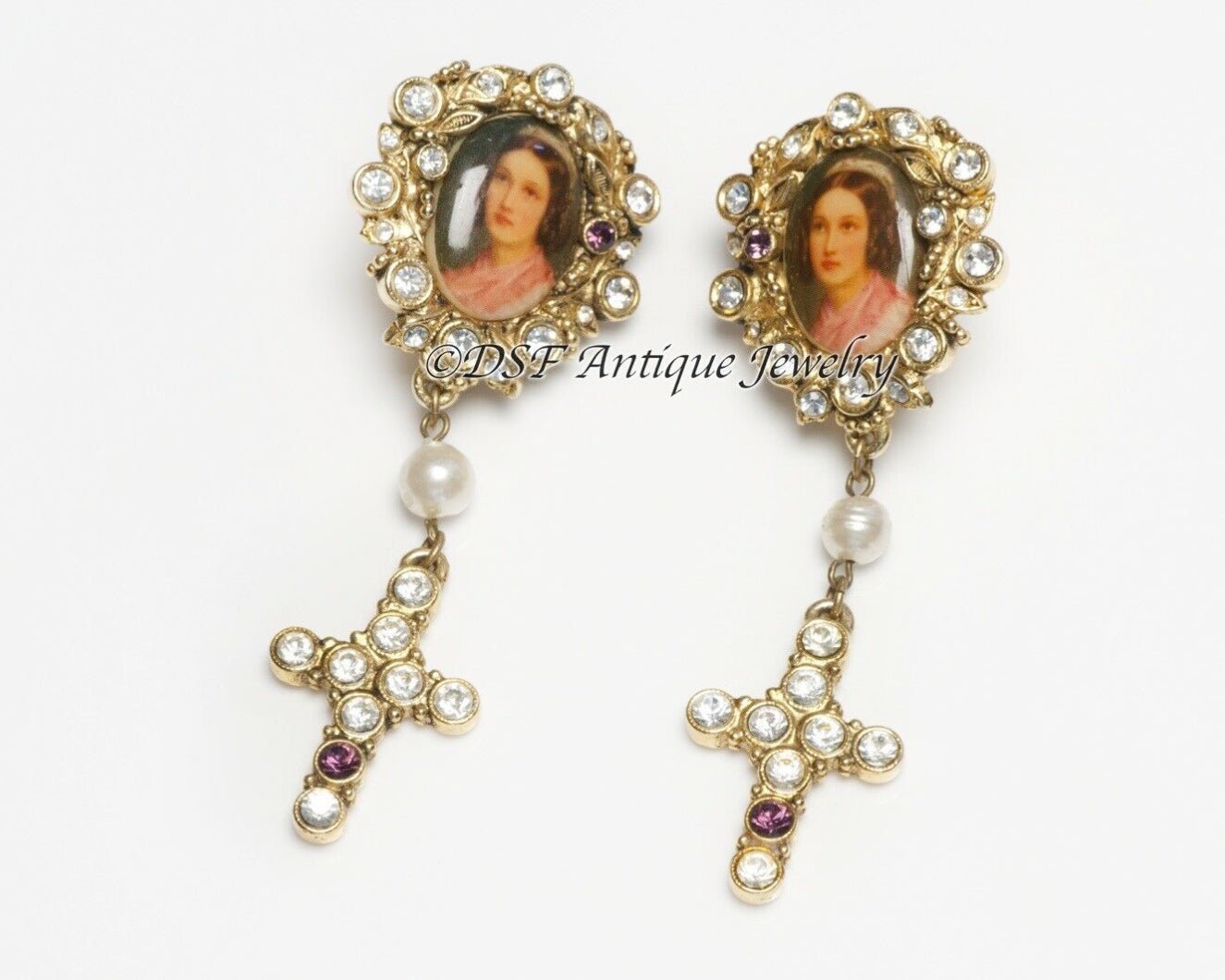 Christian Mariee Lacroix Couture Crystal Pearl Cross Portrait Earrings