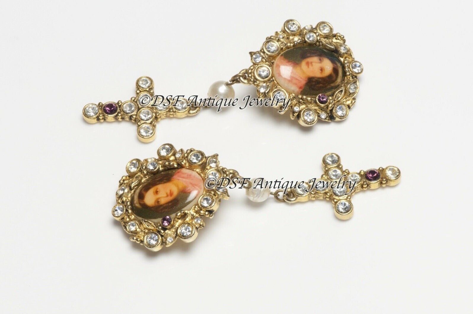 Christian Mariee Lacroix Couture Crystal Pearl Cross Portrait Earrings - DSF Antique Jewelry