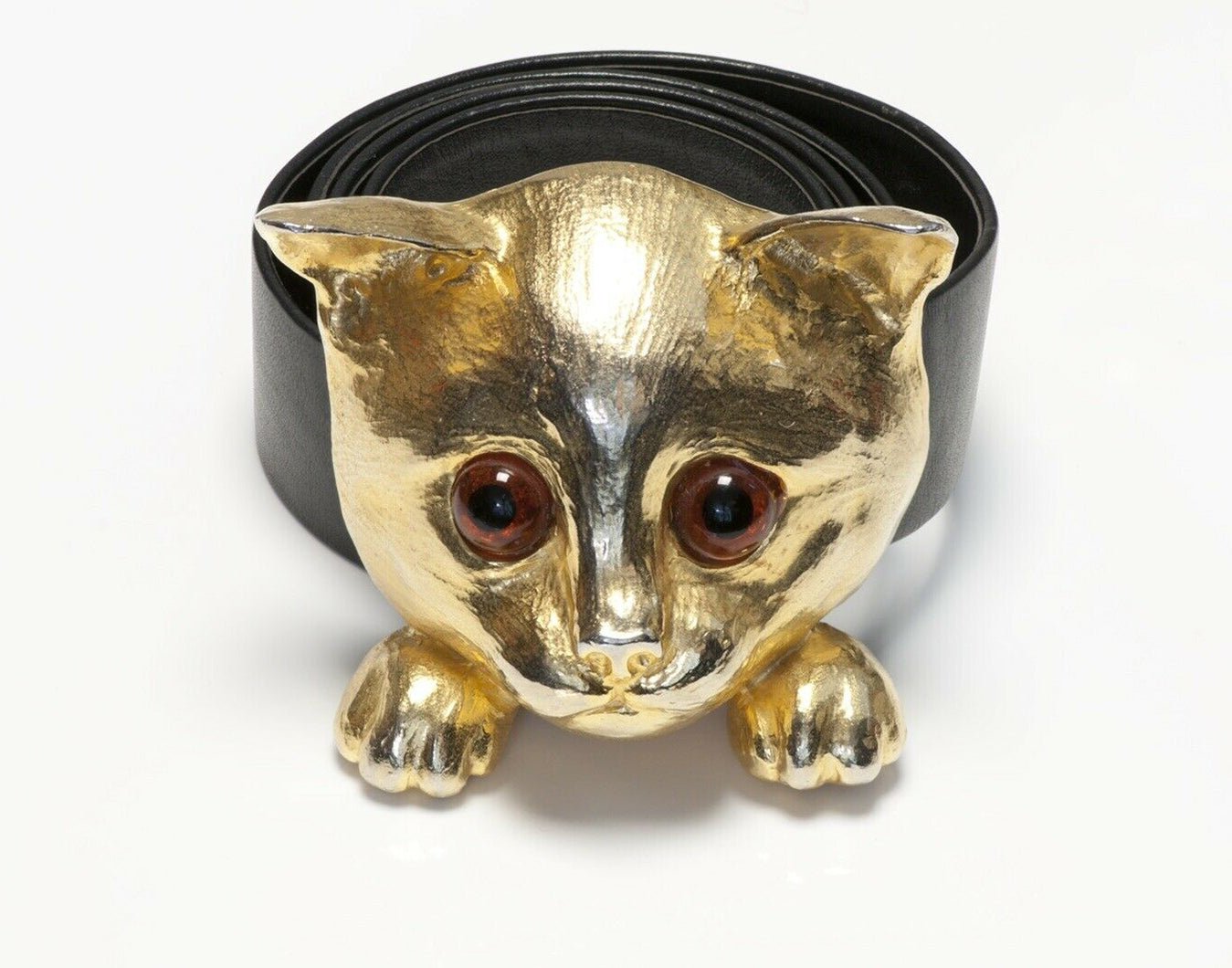 Christopher Ross 1976 24k Gold Plated Cat Buckle Black Leather Belt - DSF Antique Jewelry