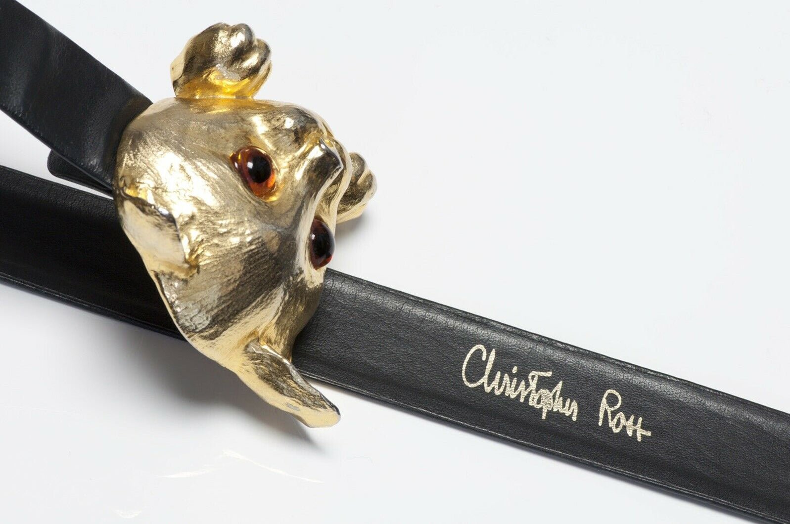 Christopher Ross 1976 24k Gold Plated Cat Buckle Black Leather Belt
