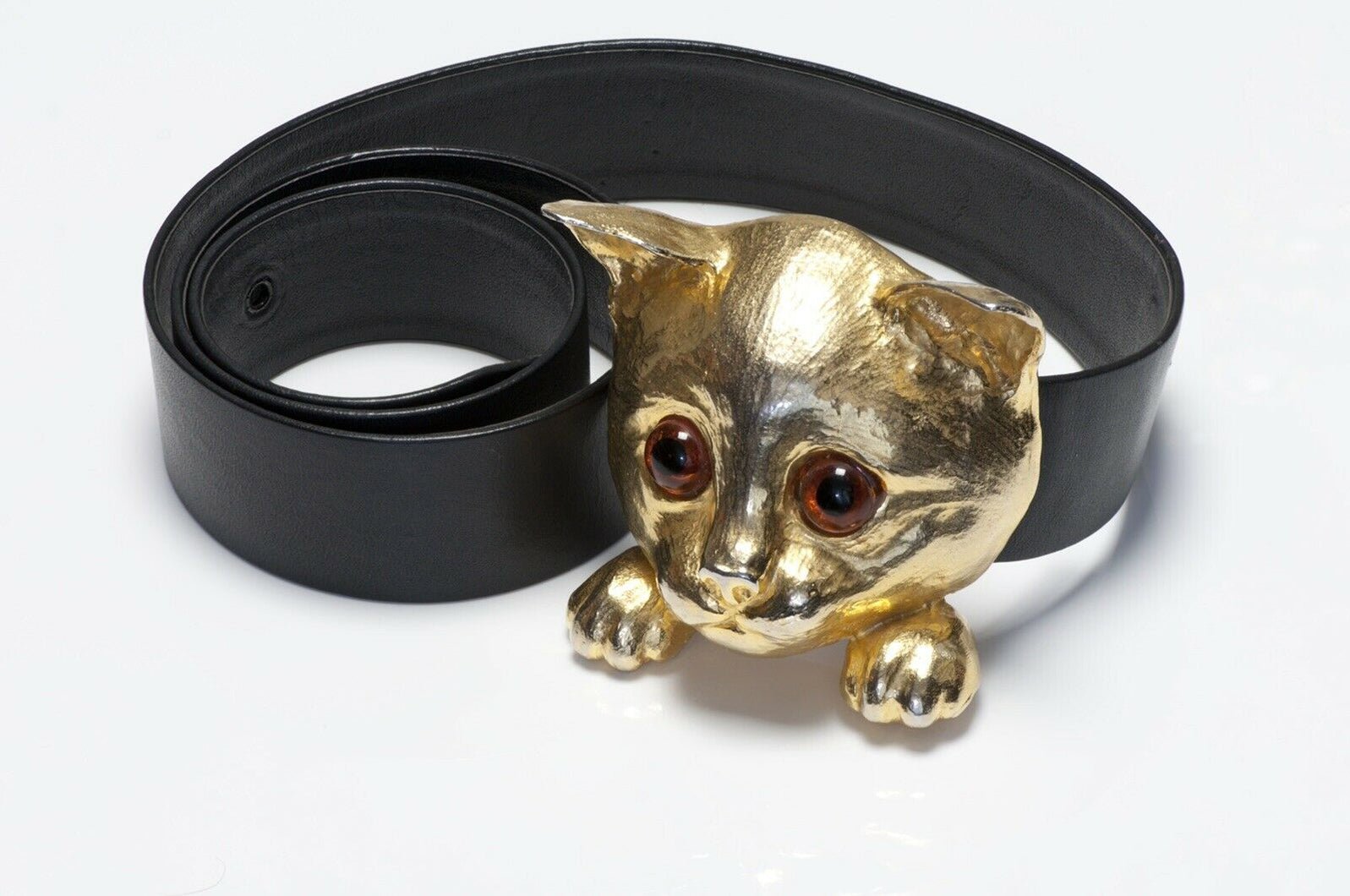 Christopher Ross 1976 24k Gold Plated Cat Buckle Black Leather Belt - DSF Antique Jewelry