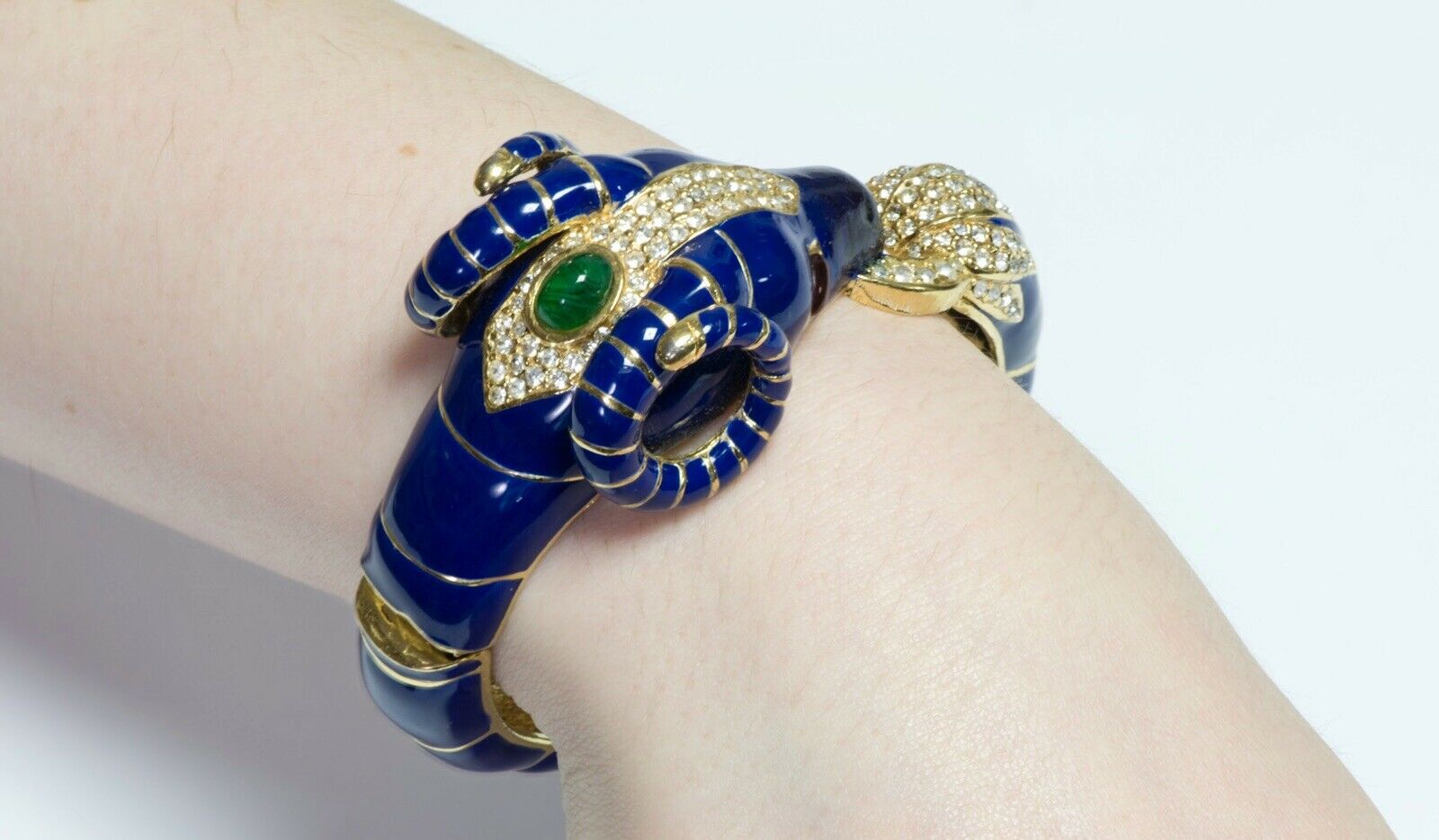 CINER Blue Enamel Ram Crystal Cabochon Green Red Glass Bangle Bracelet - DSF Antique Jewelry