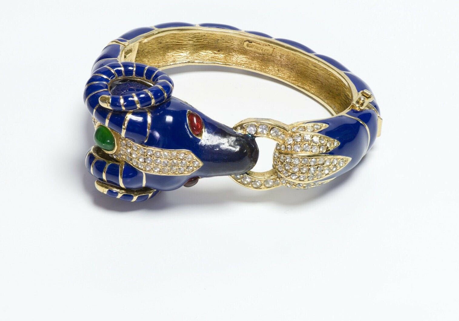 CINER Blue Enamel Ram Crystal Cabochon Green Red Glass Bangle Bracelet - DSF Antique Jewelry