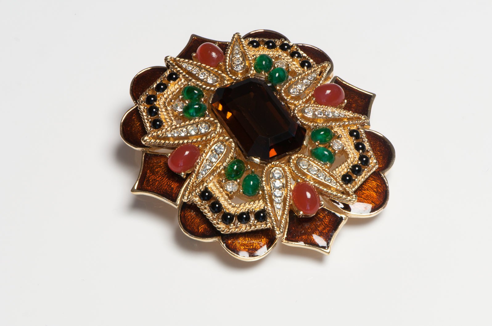 Ciner Brown Enamel Green Red Cabochon Glass Mughal Style Pendant Brooch