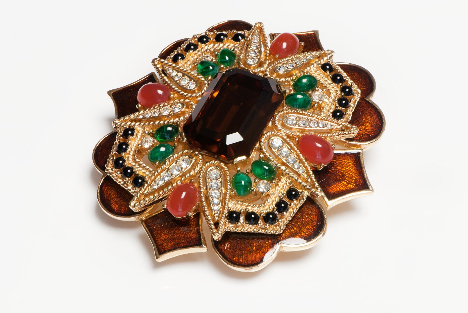 Ciner Brown Enamel Green Red Cabochon Glass Mughal Style Pendant Brooch