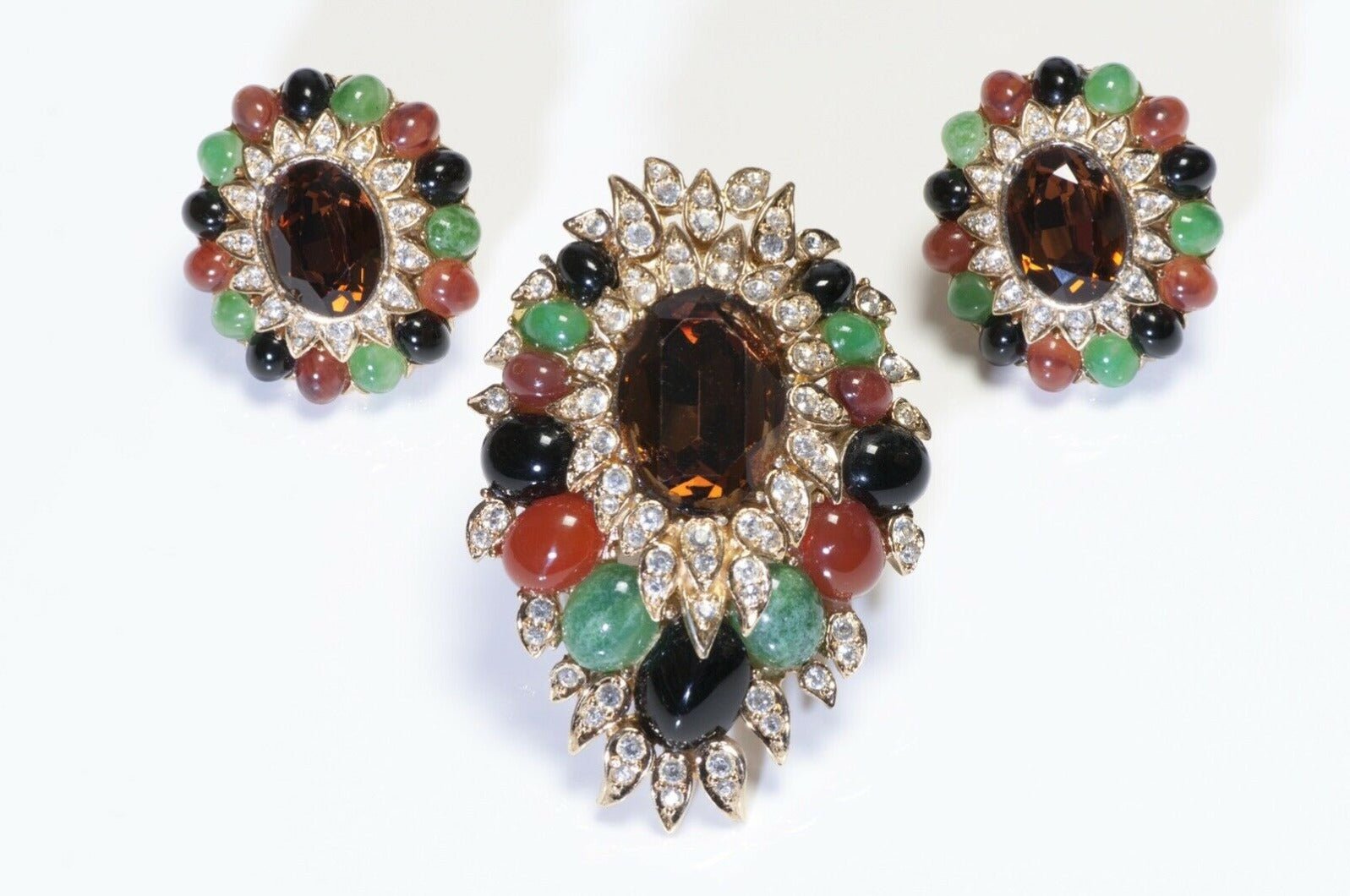 CINER Crystal Cabochon Glass Mughal Style Brooch Earrings Set - DSF Antique Jewelry